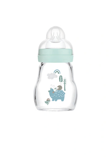 MAM Feel Good Γυάλινο Μπιμπερό 170ml Μπλε με Σχέδιο Αρκουδάκι και Σκατζόχοιρος – Από 0 Μηνών